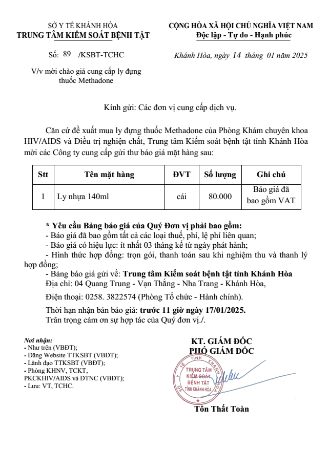 Mời chào giá cung cấp ly đựng thuốc Methadone